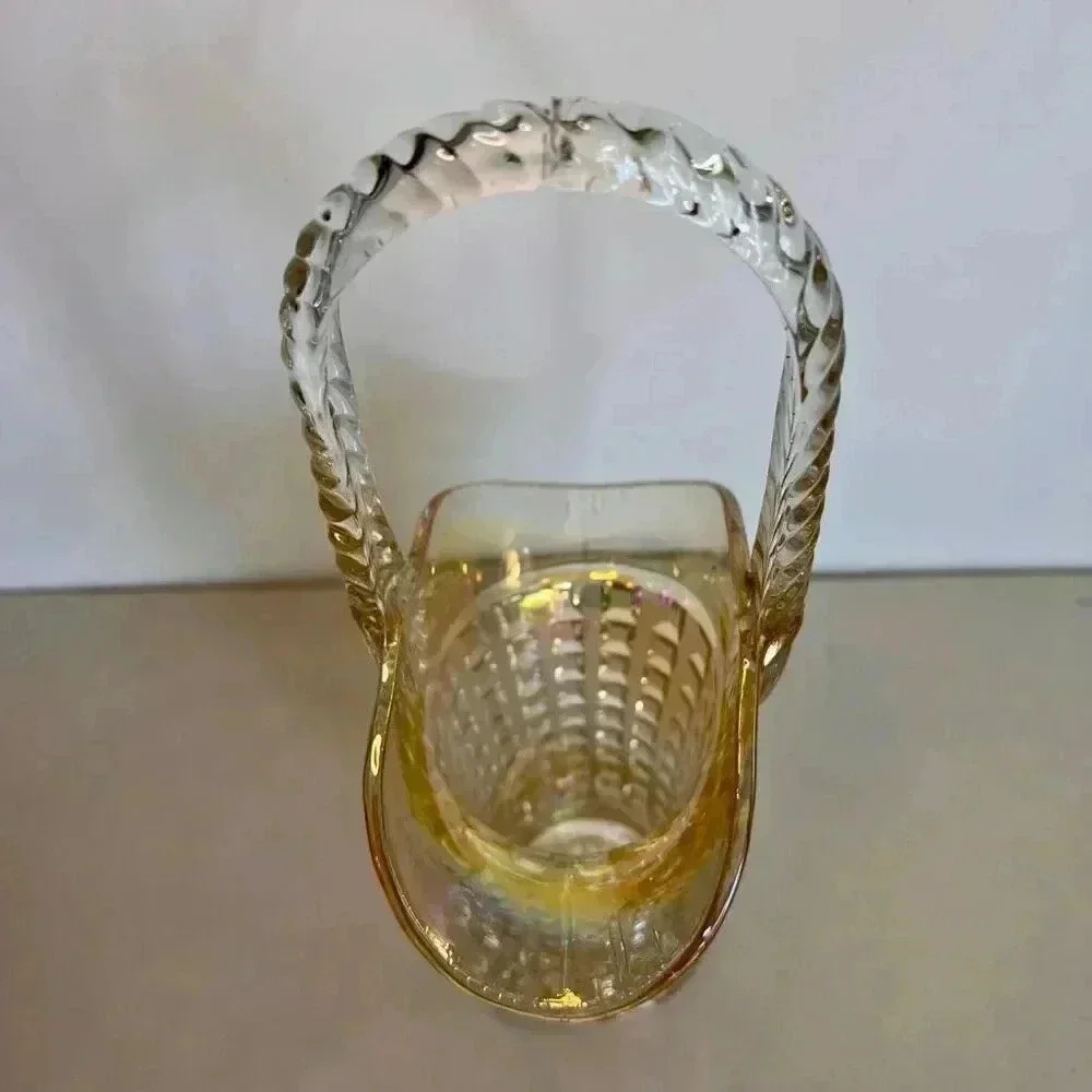 Vintage Imperial Carnival Marigold Iridescent Waffle Block‎ Glass Basket Vase